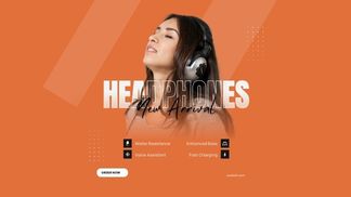 Woman wearing headphones on orange background headphones promotional banner
